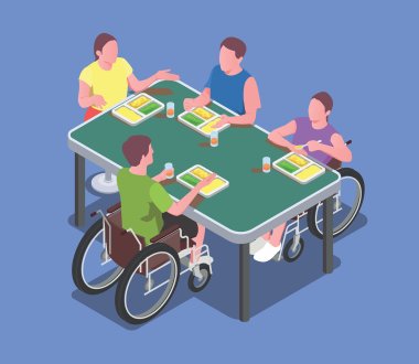 Vier Personen essen an einem Tisch. Zwei dieser Personen sitzen im Rollstuhl. 