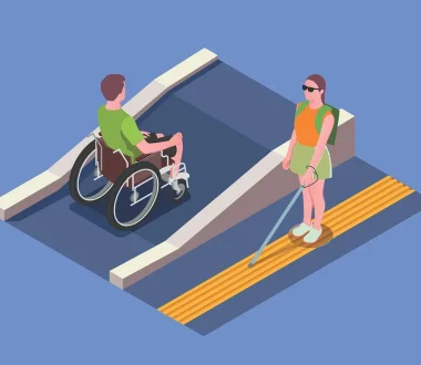 Das Bild ist gezeichnet. Eine Person fährt im Rollstuhl eine Rampe hoch. Eine andere Person läuft mit einem Langstock über Bodenrinnen für Menschen mit Sehbehinderung.